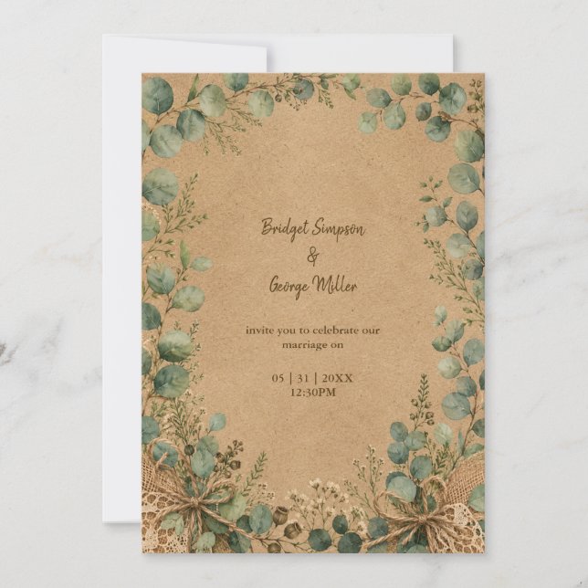 Rustic Kraft Eucalyptus lace Wedding  Invitation (Front)