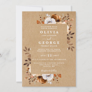 Rustic Kraft Fall Floral QR Code Wedding Invitation