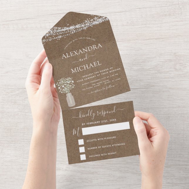 Rustic Kraft Farmhouse Baby's Breath Wedding  All In One Invitation (Tearaway)