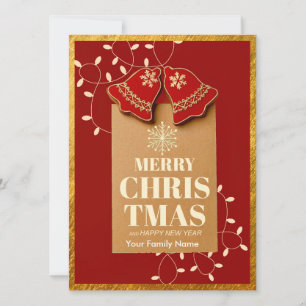 Rustic Kraft & Festive Red Jingle Bells Christmas Holiday Card