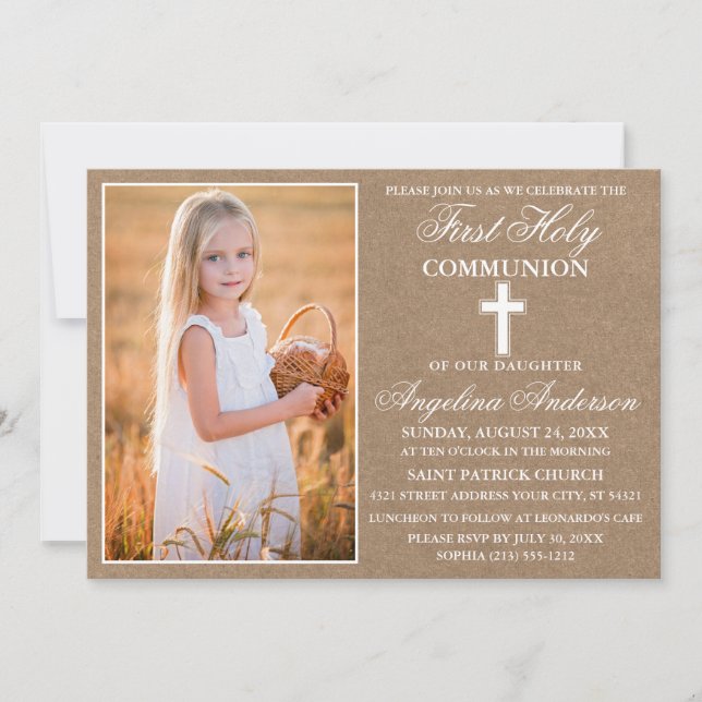 Rustic Kraft First Holy Communion Photo Invitation (Front)