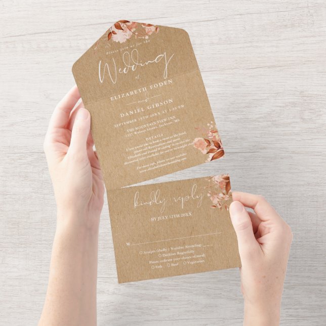 Rustic Kraft Floral Details RSVP Fall Wedding All In One Invitation (Tearaway)