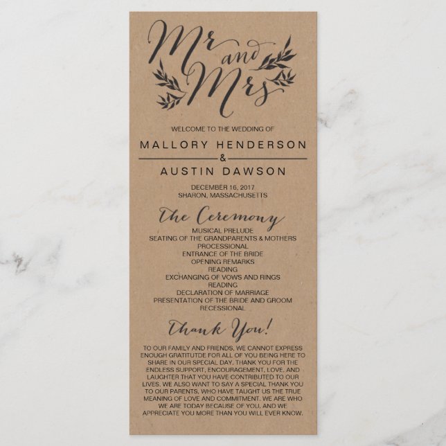 Rustic Kraft Floral Mariage programme de cérémonie (Devant)