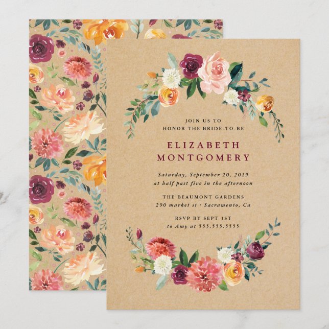 Rustic Kraft Floral Wreath Bridal Shower Invitation (Front/Back)