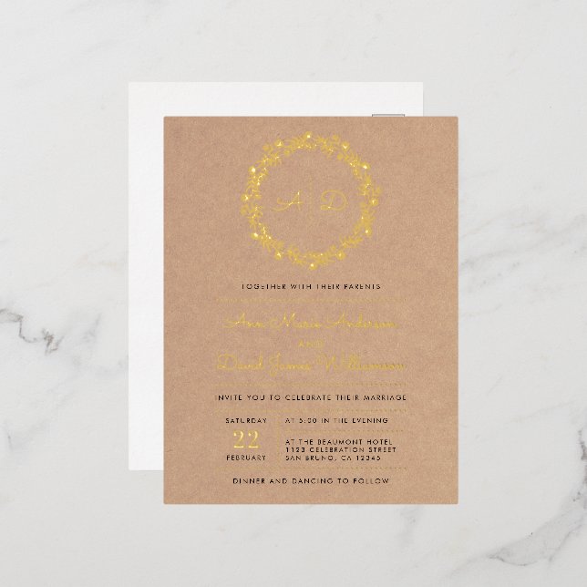 Rustic Kraft Floral Wreath Wedding Foil Invitation Postcard (Front/Back)