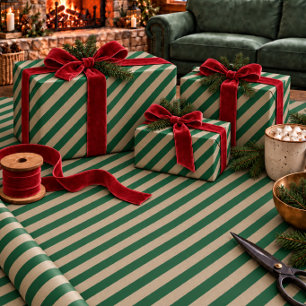 Rustic Kraft Forest Green Wide Stripe Holiday Wrapping Paper