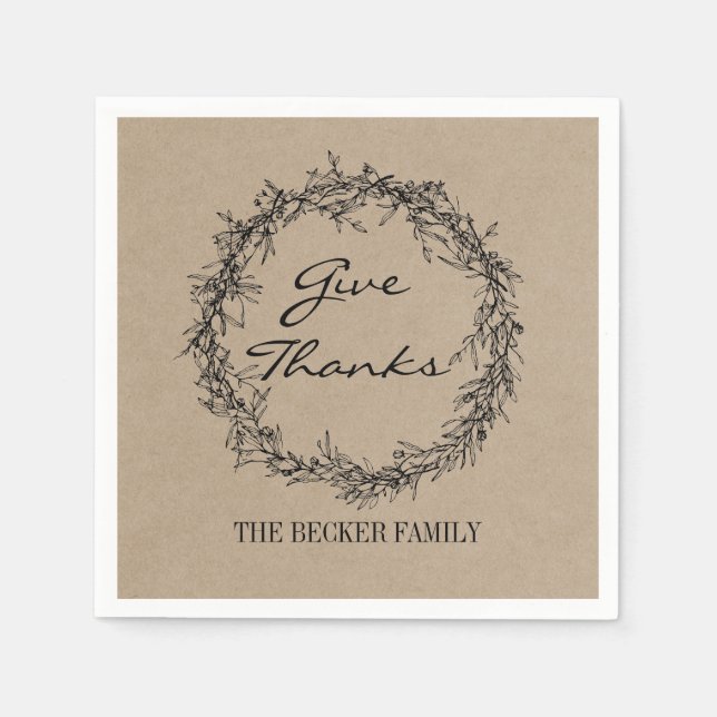Rustic Kraft Give Thanks Thanksgiving Napkins (Front)