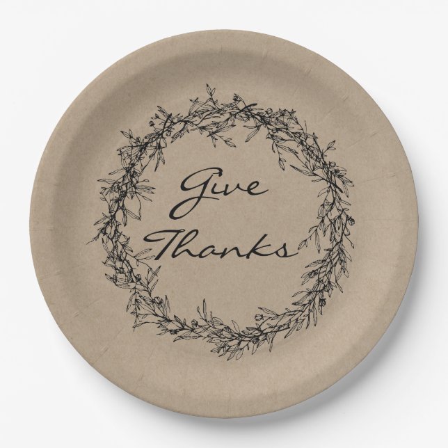 Rustic Kraft Give Thanks Thanksgiving Paper Plate (Front)