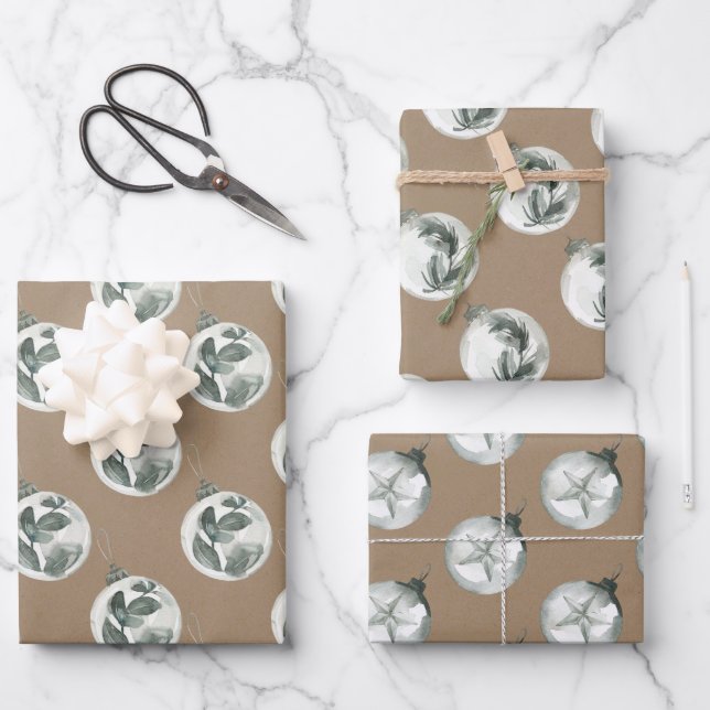 Rustic Kraft Glass Ball Holiday Ornaments Wrapping Paper Sheet (Front)