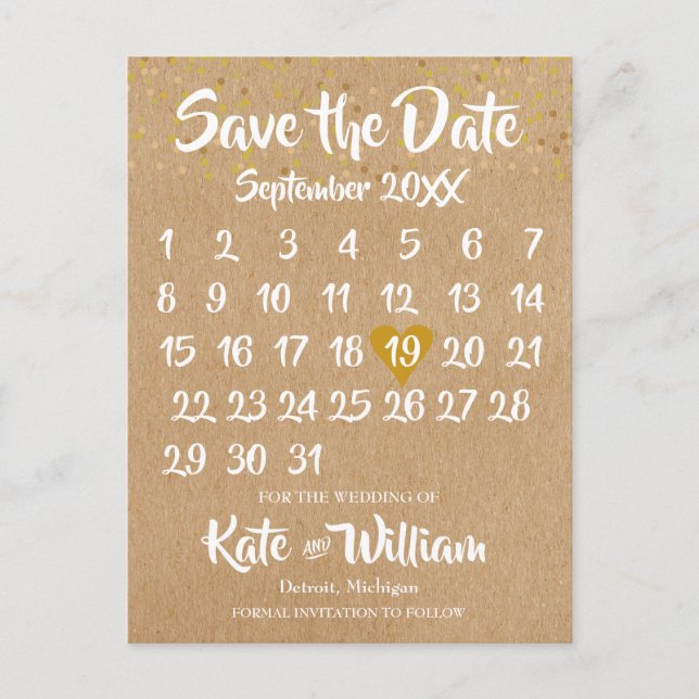 Rustic Kraft Gold Heart Calendar Save the Date Announcement Postcard (Front)