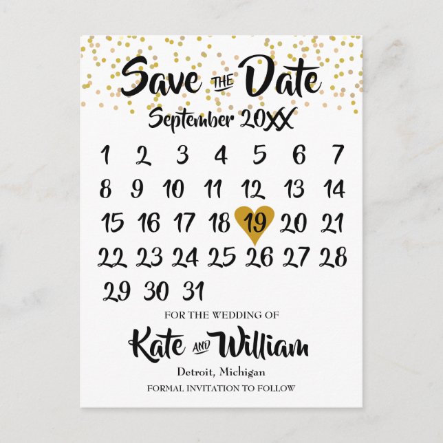 Rustic Kraft Gold Heart Calendar Save the Date Announcement Postcard (Front)