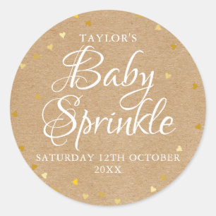 Rustic kraft gold hearts baby sprinkle classic round sticker