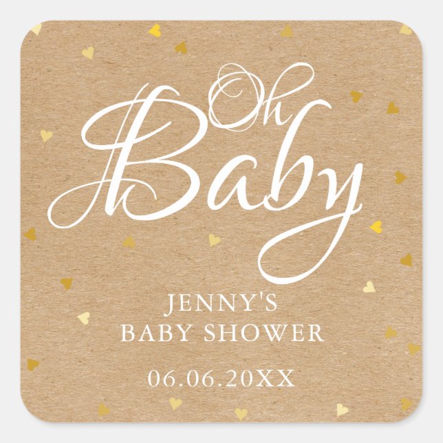 Rustic kraft gold hearts Oh Baby baby shower Square Sticker (Front)