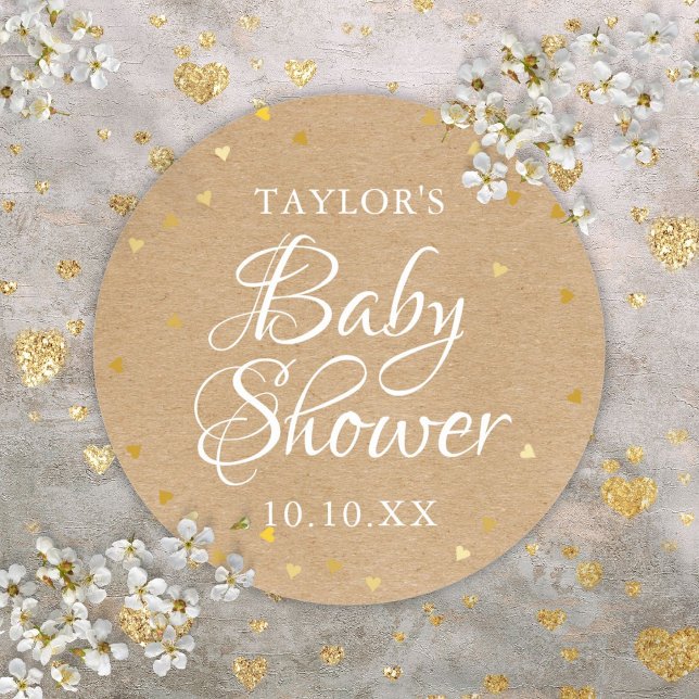 Rustic Kraft Gold Love Hearts Baby Shower Classic Round Sticker (Rustic Kraft Gold Love Hearts Baby Shower Classic Round Sticker)