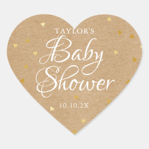 Rustic Kraft Gold Love Hearts Baby Shower Heart Sticker