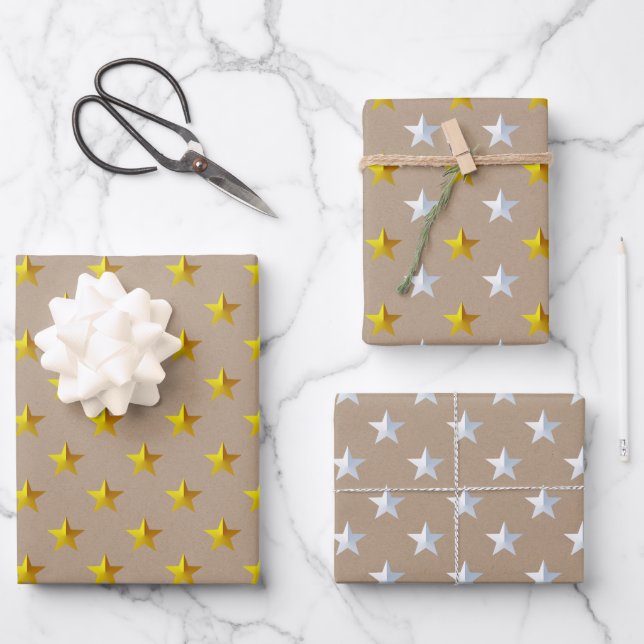 Rustic Kraft Gold Silver Stars Christmas  Wrapping Paper Sheet (Front)