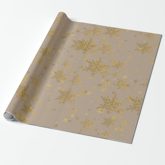 Rustic Kraft Gold Snowflakes Wrapping Paper (Unrolled)