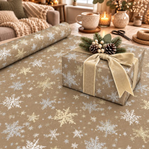 Rustic Kraft Gold & White Snowflakes Wrapping Paper