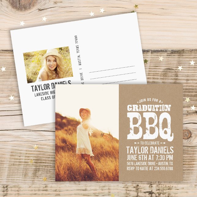 Rustic Kraft Graduation Photo BBQ Invitation Postcard (Creator Uploaded)