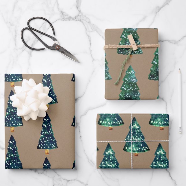 Rustic Kraft Green Lit Up Christmas Trees Wrapping Paper Sheet (Front)