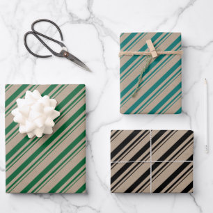 Rustic Kraft Green Teal Black Candy Stripes Wrapping Paper Sheet