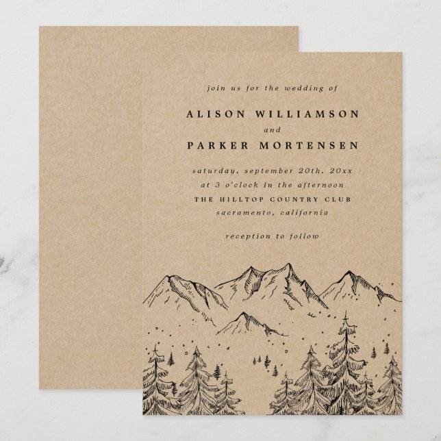 Rustic Kraft Hand-drawn Mountains & Pines Wedding Invitation (Front/Back)