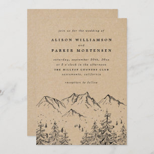 Rustic Kraft Hand-drawn Mountains & Pines Wedding Invitation