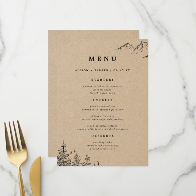 Rustic Kraft Hand-drawn Mountains & Pines Wedding Menu (Front/Back In Situ)