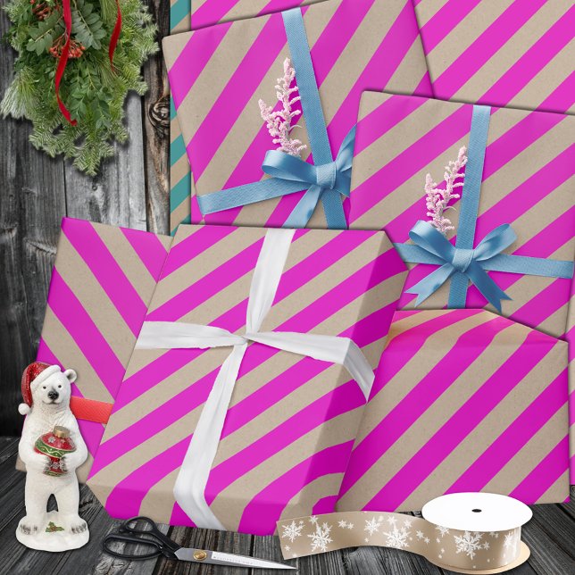 Rustic Kraft Hot Pink Wide Stripe Holiday Wrapping Paper (Rustic Kraft Hot Pink Wide Stripe Holiday Wrapping Paper In 6 & 15 foot rolls of 30 inches width)