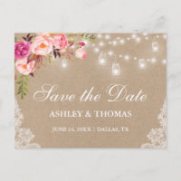 Rustic Kraft Jar Lights Pink Floral Save the Date