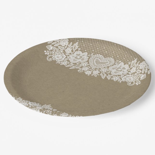 Rustic Kraft & Lace Farmhouse Barn Chic Paper Plate (Angled)
