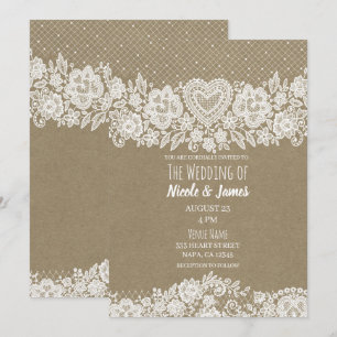 Rustic Kraft & Lace Farmhouse Barn Wedding Invitation