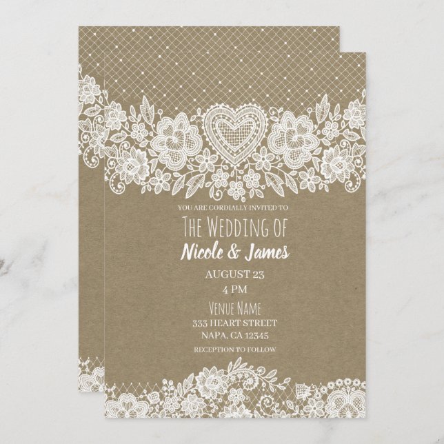 Rustic Kraft & Lace Farmhouse Barn Wedding Invitation (Front/Back)