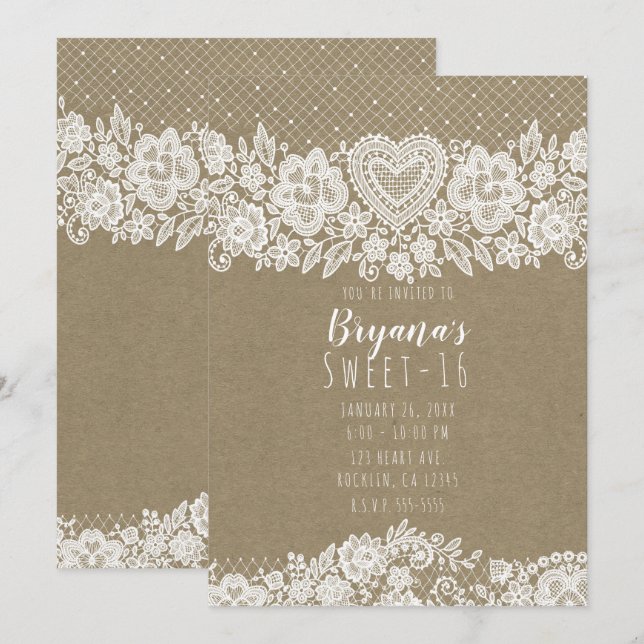 Rustic Kraft  Lace Farmhouse Sweet 16 Birthday Invitation (Front/Back)