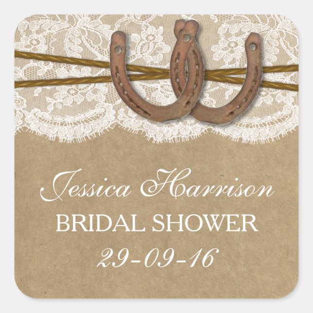 Rustic Kraft & Lace Horseshoe Bridal Shower Square Sticker (Front)