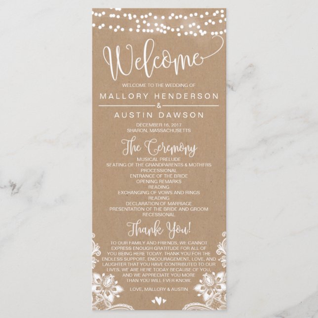 Rustic Kraft Lace Mariage programme de cérémonie (Devant)