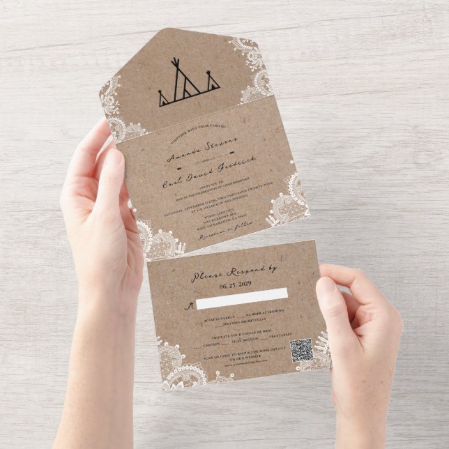 Rustic Kraft Lace Outdoor Tipi Tent Wedding All In One Invitation (Tearaway)