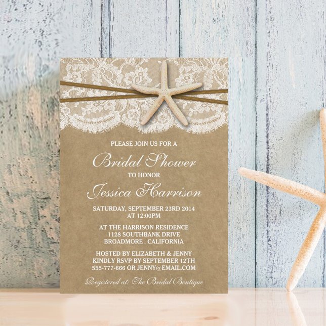 Rustic Kraft, Lace & Starfish Beach Bridal Shower Invitation (Creator Uploaded)