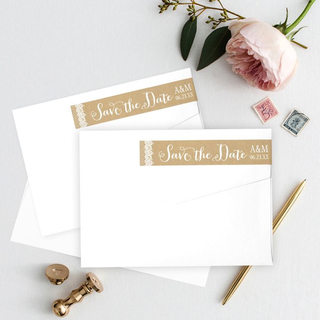 Rustic Kraft Lace Wedding Save the Date Wrap Around Label (Creator Uploaded)