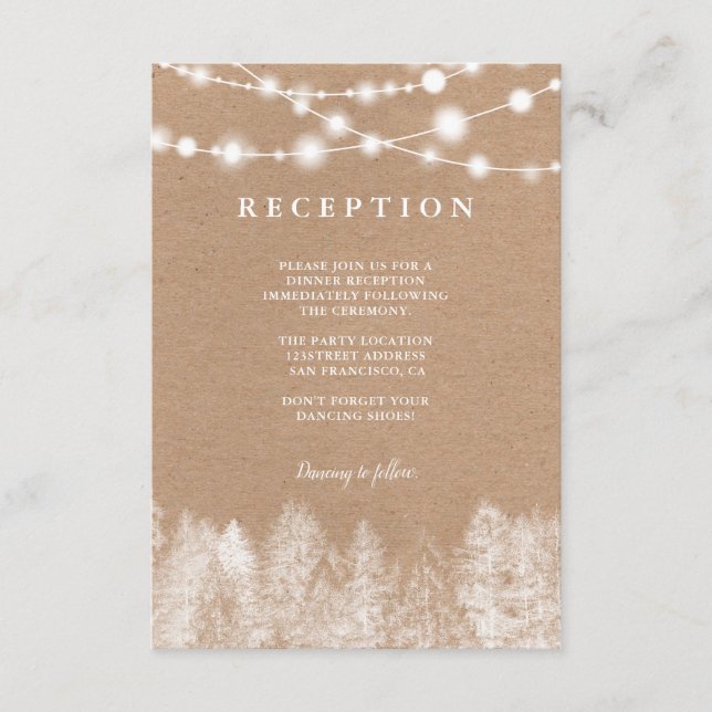 Rustic kraft lights winter pine trees reception enclosure card (Front)
