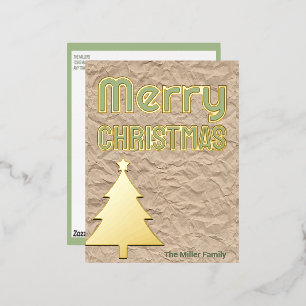 Rustic Kraft Look Minimalist Non-Photo Green Gold Foil Holiday Postcard