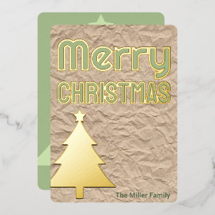 Rustic Kraft Look Trendy Non-Photo Green Gold Foil Holiday Card