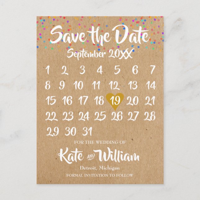 Rustic Kraft Love Heart Calendar Save the Date Announcement Postcard (Front)