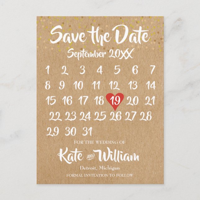 Rustic Kraft Love Heart Calendar Save the Date Announcement Postcard (Front)