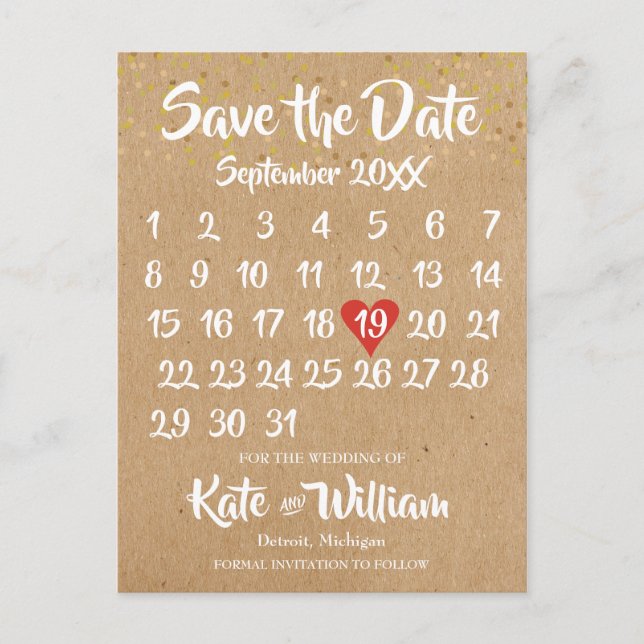 Rustic Kraft Love Heart Calendar Save the Date Announcement Postcard (Front)