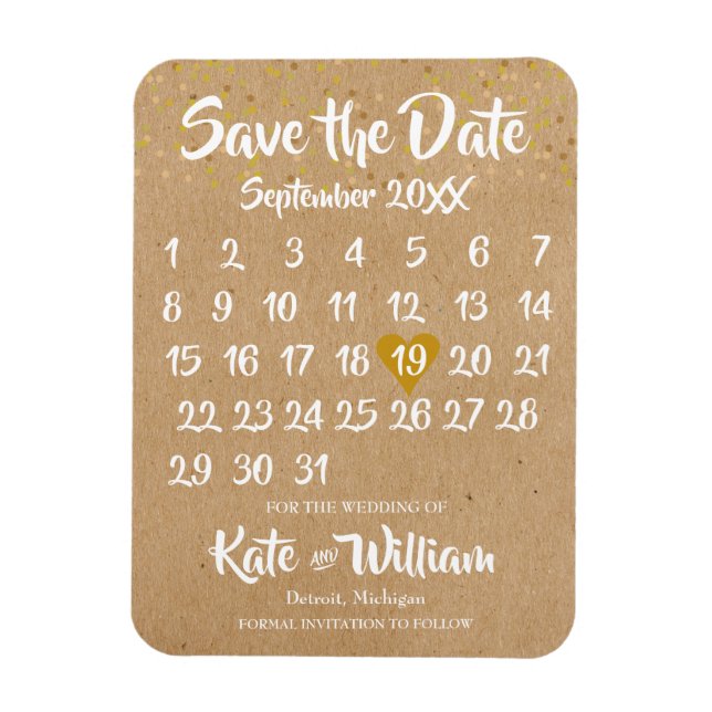 Rustic Kraft Love Heart Calendar Save the Date Magnet (Vertical)
