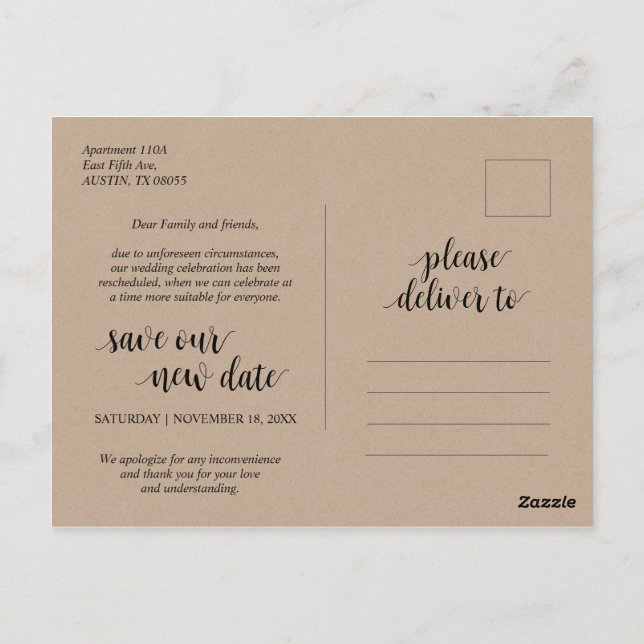 Rustic Kraft, love is patient, wedding postponed Postcard (Back)