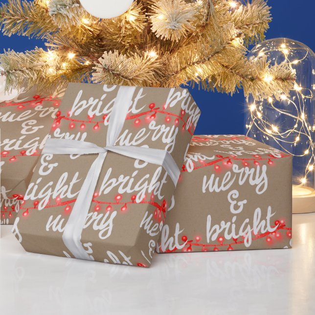 Rustic Kraft Merry & Bright Add Your Greeting Wrapping Paper (Holidays)