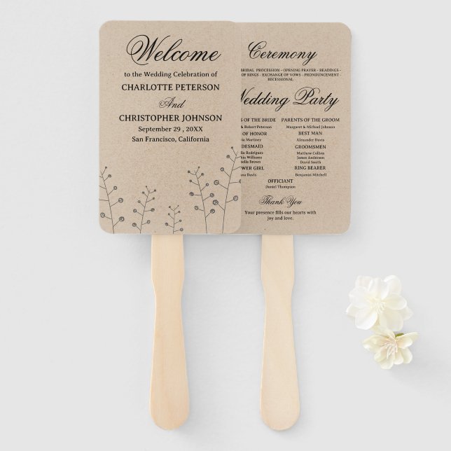 Rustic Kraft Minimalist Flower Wedding Program  Hand Fan (Front and Back)