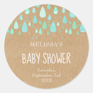 Rustic kraft mint green raindrops baby shower classic round sticker